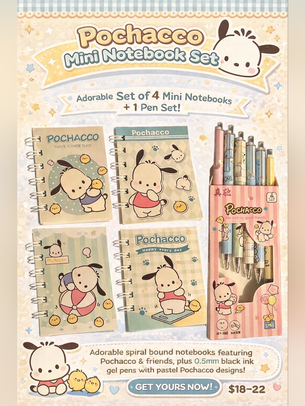 Pochacco Mini Notebook Set + 6 Gel Pens Sanrio Stationery Bundle Kawaii Gift Set